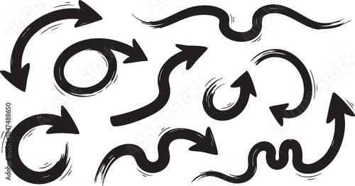 Dynamic collection of hand-drawn black arrows. Diverse brushstroke elements illustrating various directions, movement, and flow. Perfect graphic assets for artistic navigation and expressive visual co