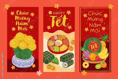 Design of festive red money envelopes for Vietnamese Lunar New Year (Tet). Traditional food, cabdy box, fruit for the altar, bouquet, inscription in Vietnamese Сhúc Mừng Năm Mới (Happy New Year)