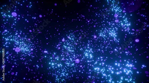 Abstract blue winter background featuring falling snowflakes, glowing stars, and light particles in a dark night sky. Festive seamless loop ideal for Christmas, holiday, and se