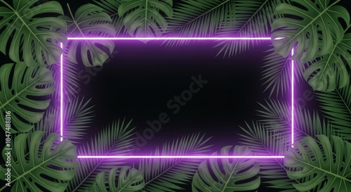 Tropical frame border with neon light. Exotic leaf and nature concept for product presentation or summer sale advertisement background.