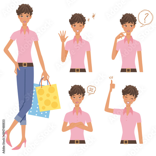 襟付きの半袖を着て買い物をする女性と上半身で色々なポーズ