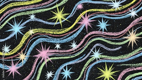 Colorful abstract swirls and stars in vibrant cosmic design