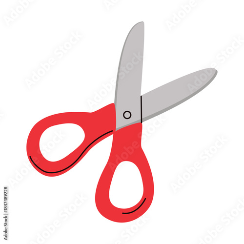Red scissors with steel blades. Tool for cutting paper, fabric. Working item for children's crafts, school, DIY and creative lesson.