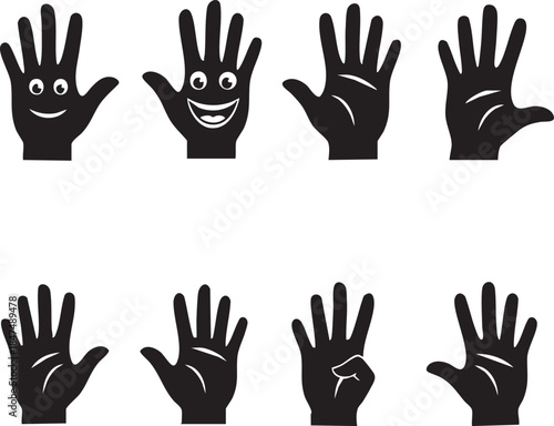 A conceptual vector illustration set showcasing diverse human hand gestures, from expressive palms with smiling faces to symbolic representations of communication and interaction. This graphic collect