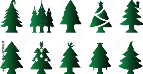 Ten green Christmas tree silhouettes with varied decorations