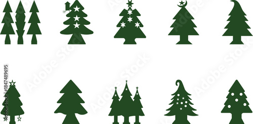 Collection of stylized dark green Christmas trees with decorations on white background