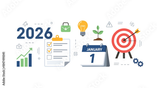 Vision for the New Year 2026: A visual representation of new year's resolution, with a growth chart, checklist, and other symbolic icons representing future aspirations.