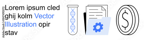 Biotechnology, financial analysis, research, innovation, data processing, industry development. A DNA strand, files and a dollar sign. Biotechnology and financial analysis concept