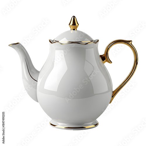 White teapot with gold handle isolated on transparent background