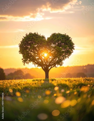 A solitary tree shaped like a heart against a brilliant sunset in a golden field.