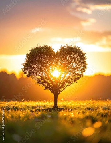 Heart-shaped tree silhouette glowing against a vibrant golden sunset over a grassy field.