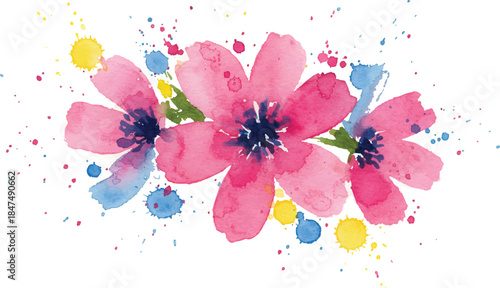 Vibrant watercolor floral illustration showcasing expressive pink blooms adorned with dynamic paint splatters, an artistic design capturing the essence of springtime and natural beauty for various cre