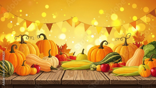 Autumn harvest bounty of pumpkins gourds and corn on a wooden table festive fall celebration background with bokeh lights and bunting