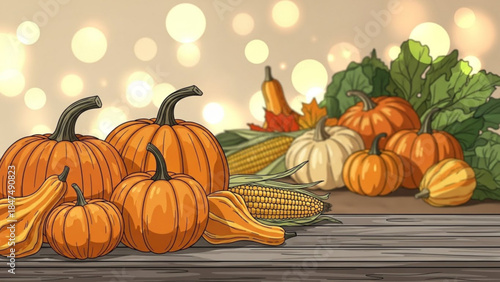 Autumn harvest of pumpkins and gourds festive fall bounty on wooden table with bokeh lights perfect for Thanksgiving and seasonal the