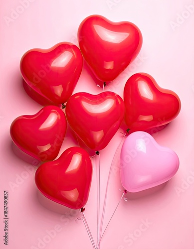 A collection of glossy red and pink heart-shaped balloons against a soft pink background.