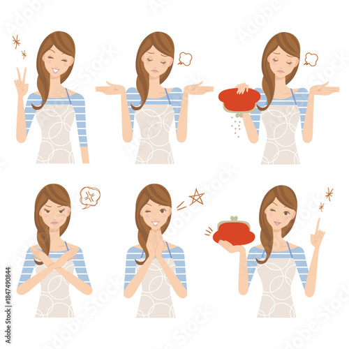 上半身の主婦の色々な顔の表情とポーズ