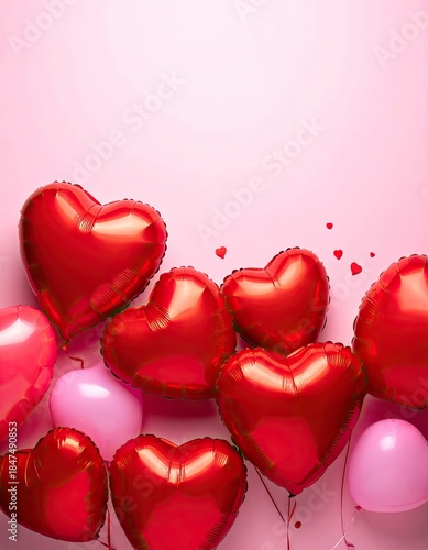 A vibrant collection of shiny red and soft pink heart-shaped balloons against a pale pink background.