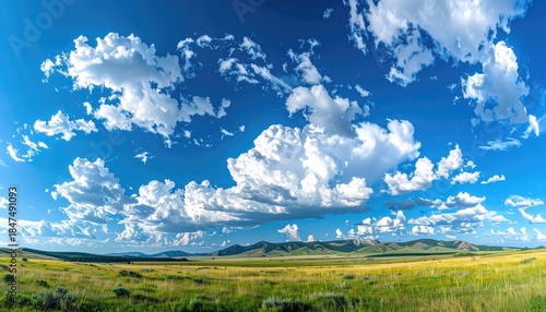 Expansive panoramic view of a vibrant blue sky filled with dramatic cumulus clouds over rolling green and yellow fields backed by distant mountains.