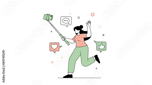 Woman happily taking selfie with social media icons floating around her.