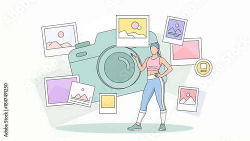 Woman surrounded by photos and a large camera.