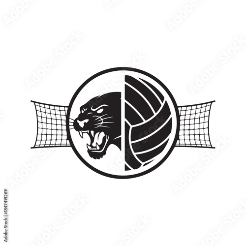 Black panther head and volleyball in circle with net, sports logo design