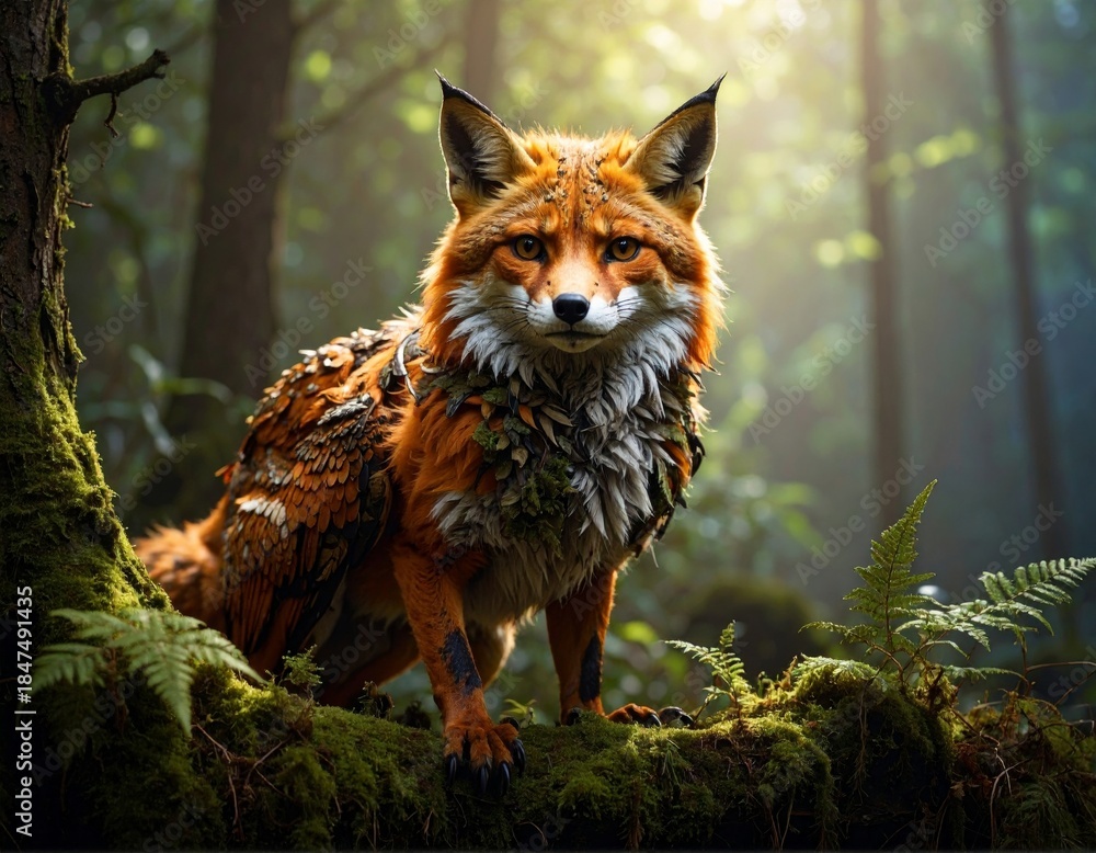 Naklejka premium A majestic red fox stands alertly on a mossy log in a sun-dappled, enchanting forest, gazing directly forward with intense eyes.