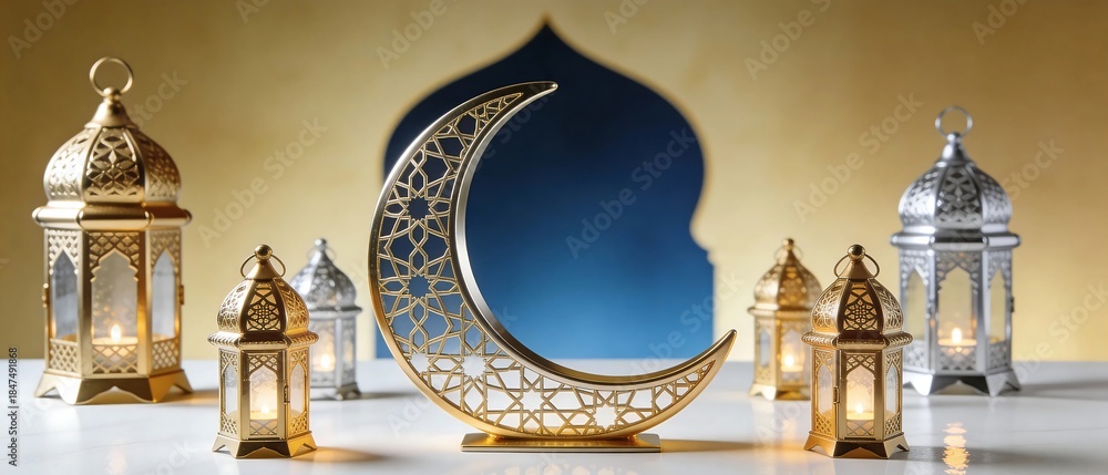 Fototapeta premium Gold and Silver Lanterns with Crescent Moon for Islamic Celebration