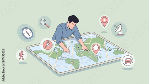 Man Planning Global Journey on World Map with Navigation Icons.