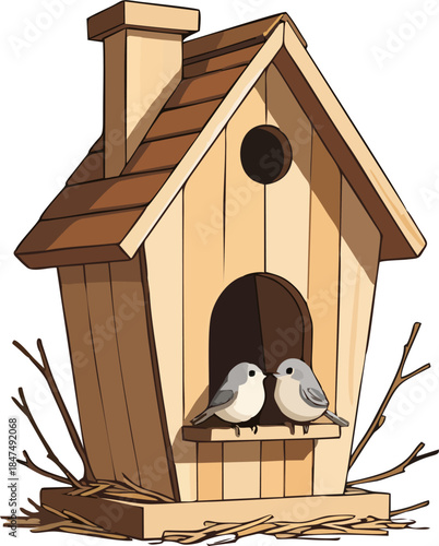 Cozy Wooden Birdhouse Illustration with Cute Cartoon Birds and Natural Nesting Scene