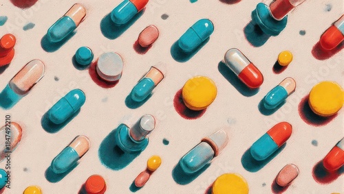 Colorful Pills and Capsules Pattern - Pharmaceutical Medication Background.