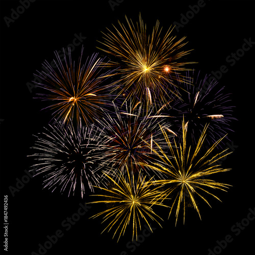 Fireworks of various colors and shapes burst in night sky