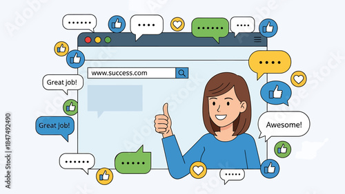 Woman giving thumbs up surrounded by social media notifications.