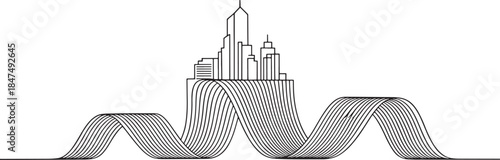 Wavy ribbon flow winding upwards with cityscape background art deco modern concept