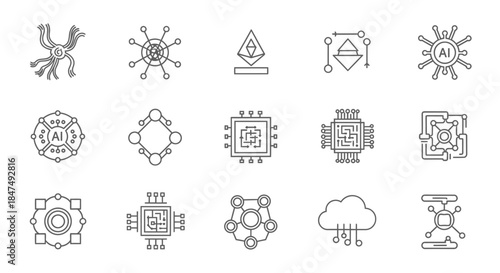 Collection of line icons depicting artificial intelligence, neural networks, microchips, and cloud computing concepts.