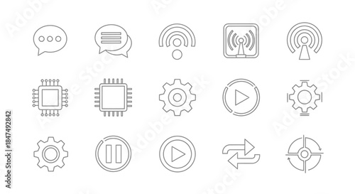 A collection of outline icons representing technology, communication, and control functions on a white background, perfect for web and app design.