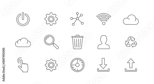 A collection of outline icons representing various digital functions, system settings, and internet services.