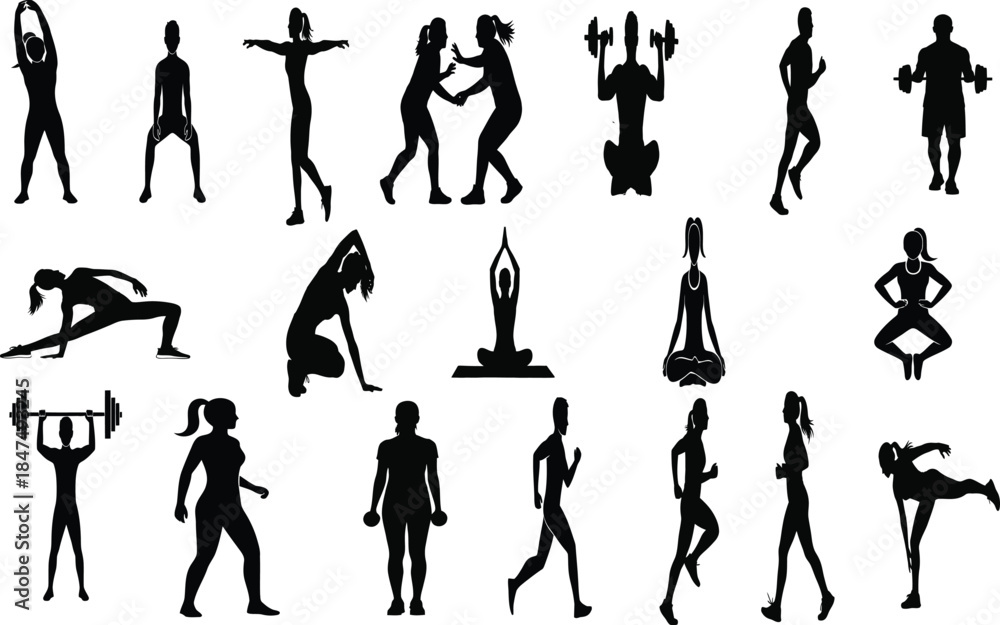 Fototapeta premium Collection of various human silhouettes in different poses and yoga positions