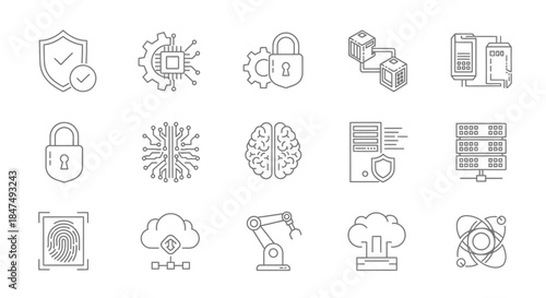 A comprehensive set of line art icons depicting various aspects of modern technology, including cybersecurity, artificial intelligence, cloud computing, and data management.