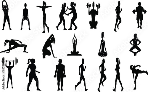 Collection of various human silhouettes in different poses and yoga positions