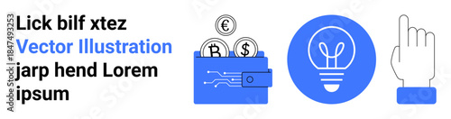 Finance, innovation, economy, digital payment, creativity, decision-making. Wallet with digital coins, lightbulb and hand gesture. Finance and innovation concepts highlighted through symbols