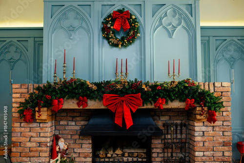 Warm cozy fireplace decorated for Christmas