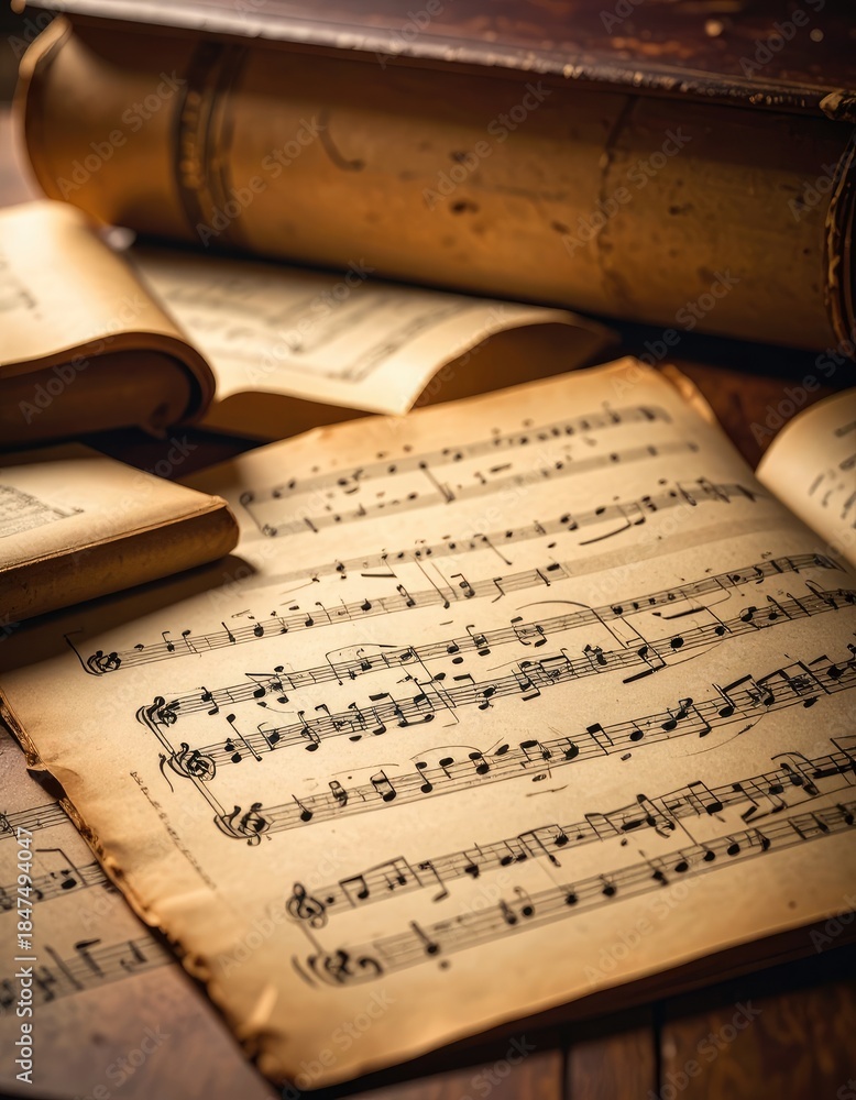 Fototapeta premium A close-up view of aged sheet music resting beside old, rolled-up books.