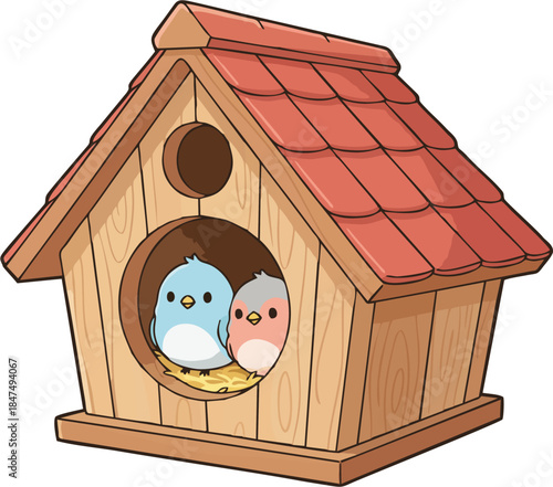 Cute Wooden Birdhouse Illustration with Colorful Cartoon Birds