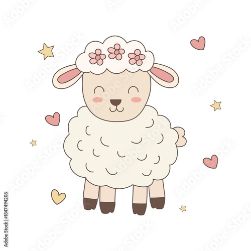 Cute Cartoon Sheep with Flower Crown and Pink Hearts