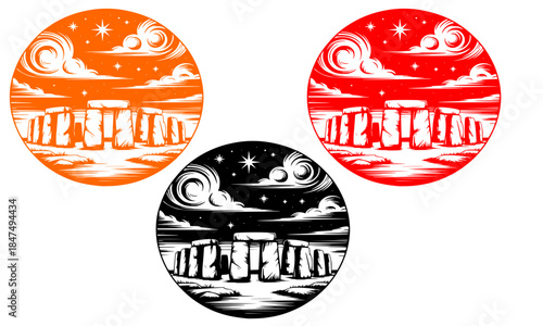 Stonehenge Silhouette Vector Illustration in Circular Frames, Set of Three Color Variations with Sunset Orange, Fiery Red and Night Sky Black White, Ancient Megalithic Monument Clipart Design