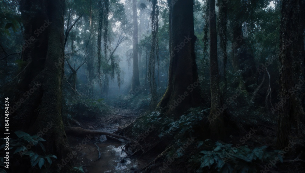 Obraz premium Eerie Forest Scene with Mist and Dense Vegetation.