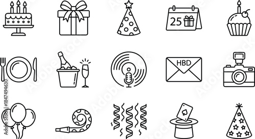Birthday celebration line icons set, party symbols cake gifts calendar music drinks balloons festive vector illustration outline minimal design collection