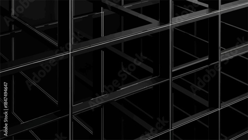 Modern architectural grid structure with dark, geometric lines and shadows.