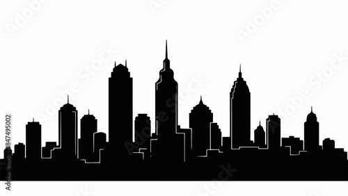 Modern city skyline silhouette against a bright white background, representing urban development and architecture.