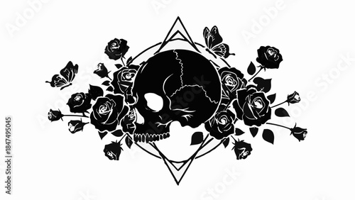 Darkly beautiful skull surrounded by roses and butterflies, symbolizing mortality and nature's cycle.